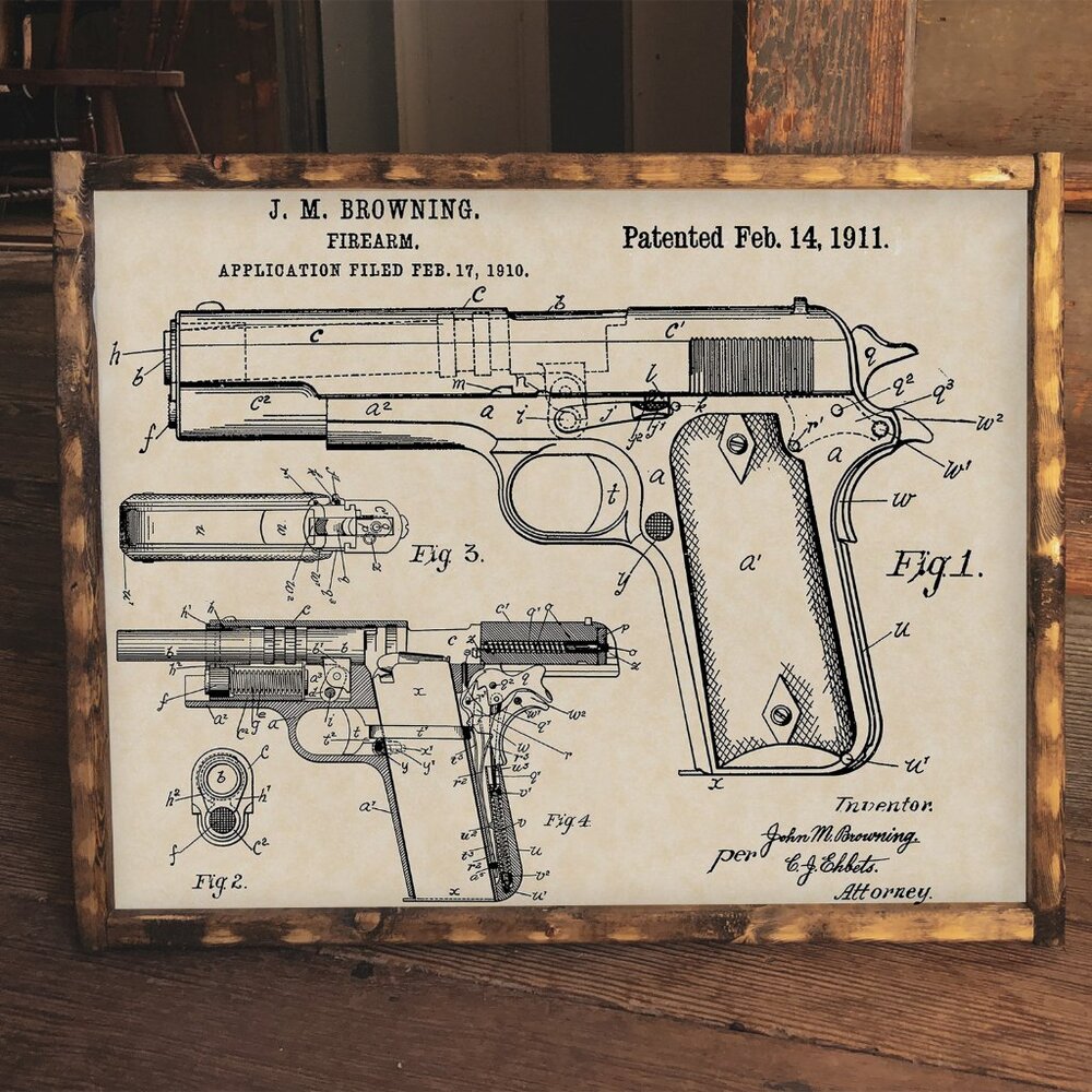 1911 Colt Handgun Browning Firearm Patent 16x20 Gun Print on Custom Parchment LS